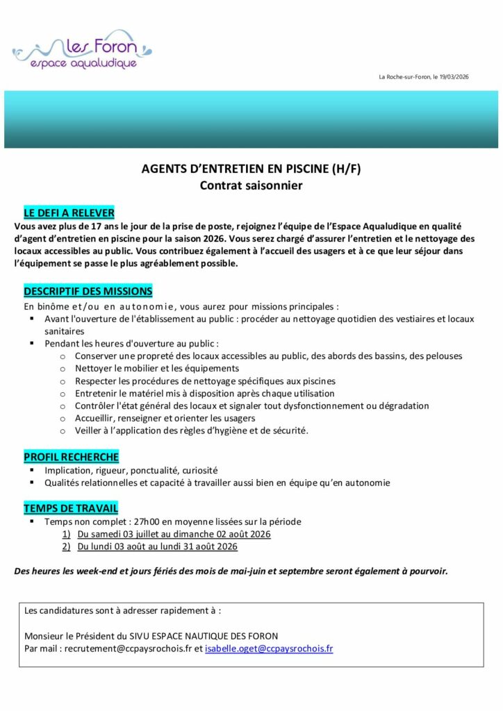 Espace nautique des Foron recrute